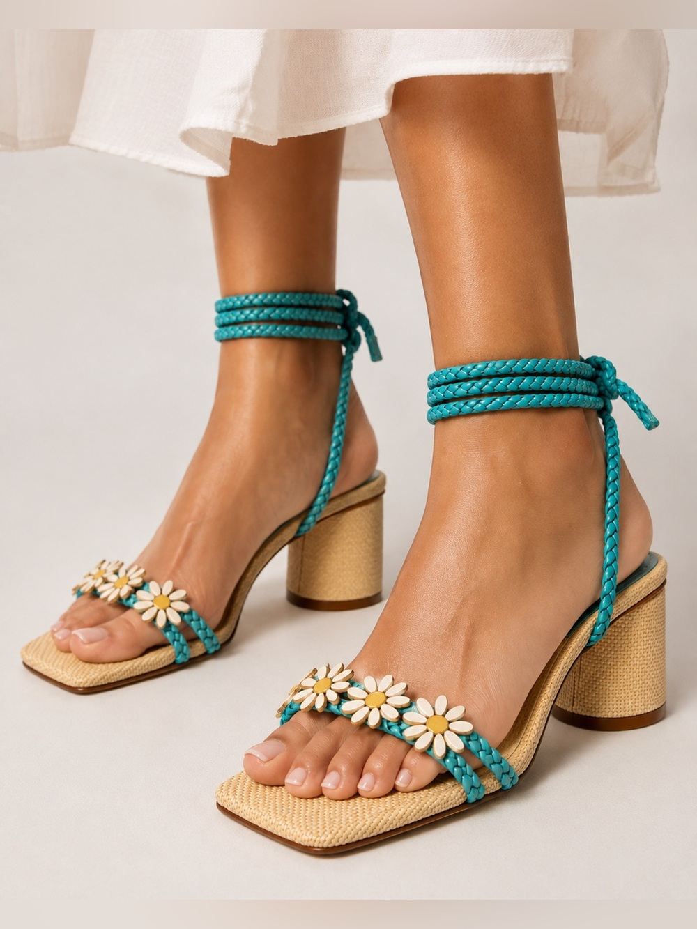 Schutz Hina Mid Daisy Raffia Lace Up Sandals Turquoise 7.5 Anthropologie